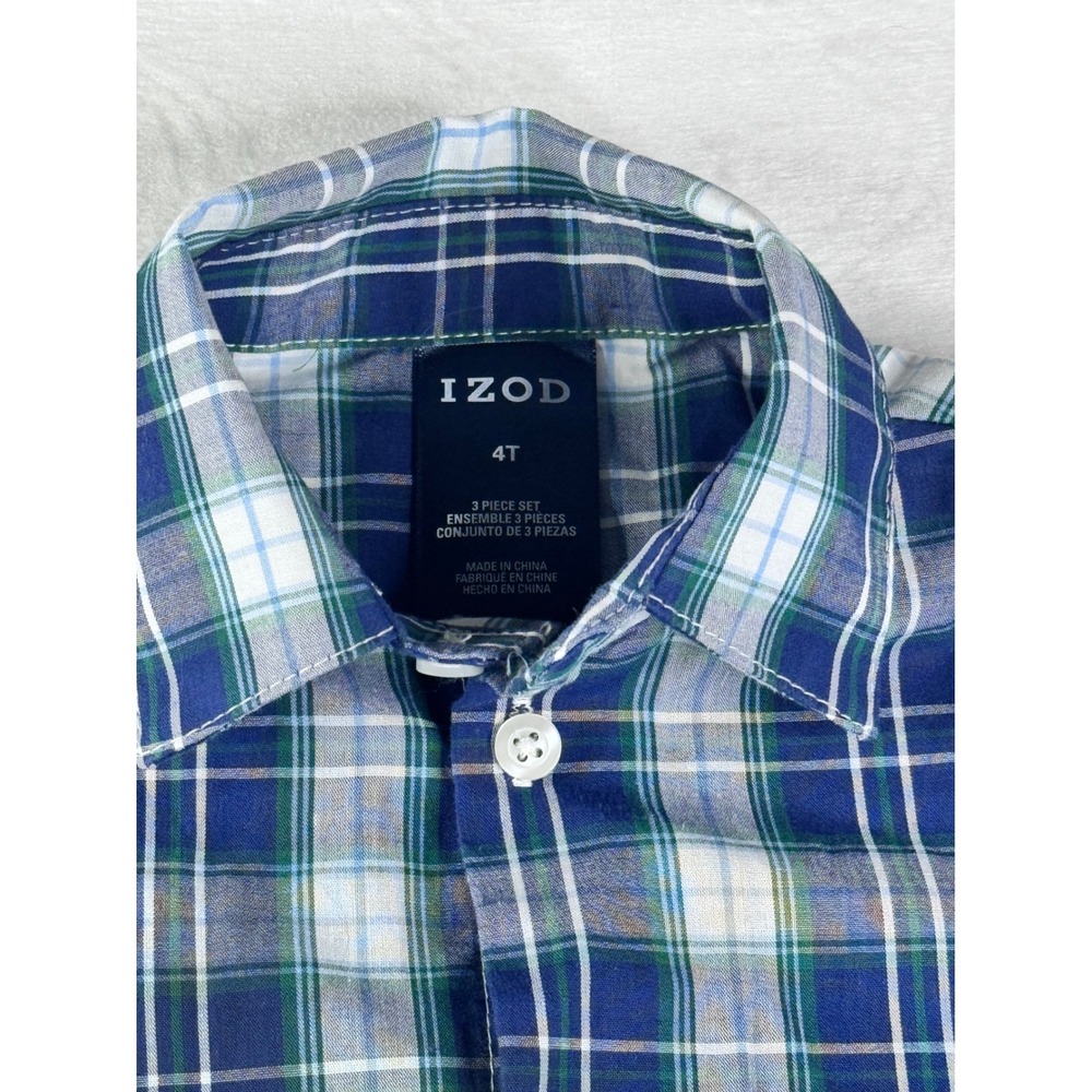 IZOD Button Down Shirt Toddler 4T Blue Green Plaid Excellent Long Sleeve Woven - Picture 3 of 3
